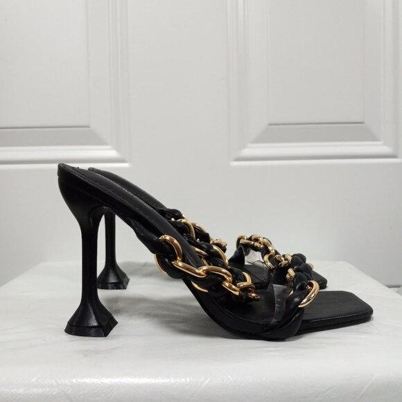 Cape Robbin Black & Gold Chain Strap High Heel Sandals Square Toe Women's 10 - Picture 4 of 6